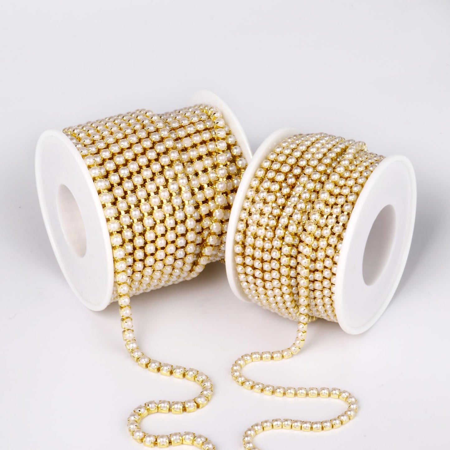 Pearl Trim Close Chain, [10 Yards/ 3.0MM] Gold Pearl Beaded Cup Chain Applique Trim for Sewing Crafts DIY Jewelry Making Clothing Wedding Party Decoration