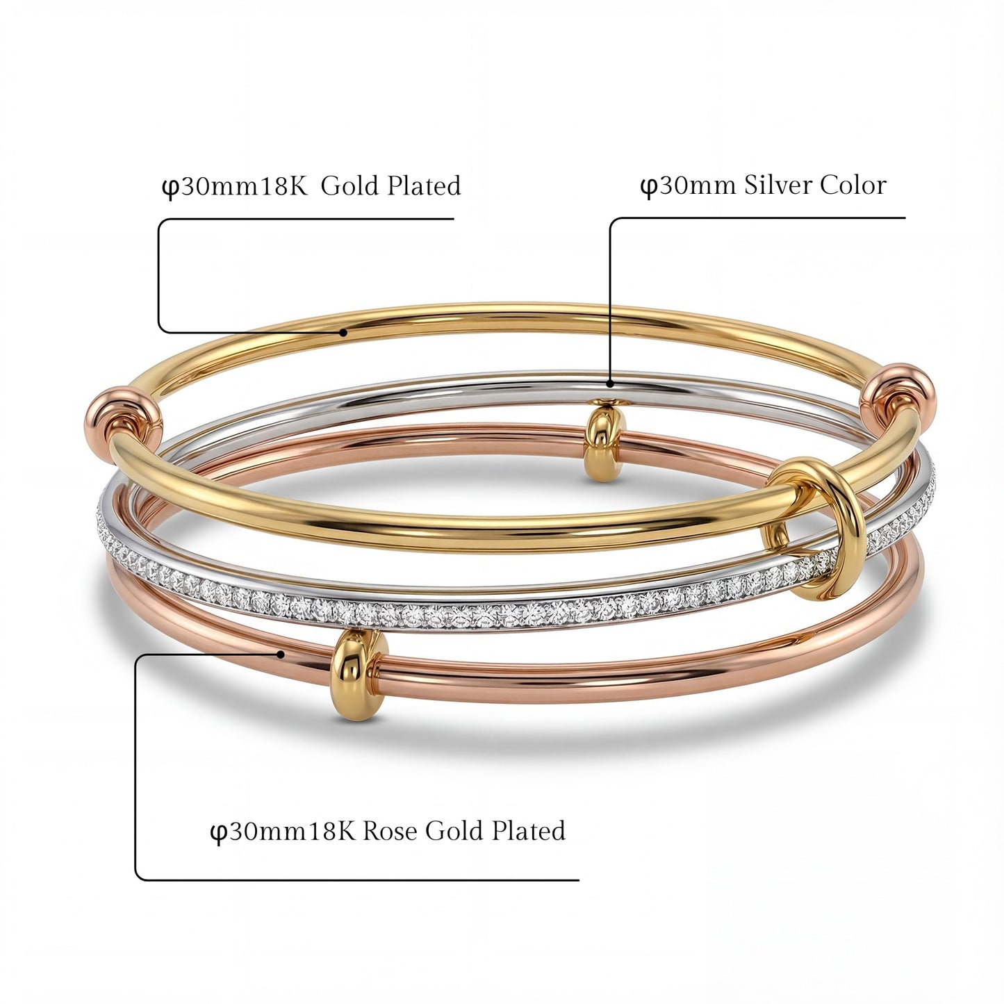 Musishiyu Gold Bracelets for Women Stacking Bangle - 18K Mixed Metal Tri-Color Rolling Interlocking Bands, Cubic Zirconia Fidget Anxiety Jewelry, Perfect Gifts for Mom Wife Grandma