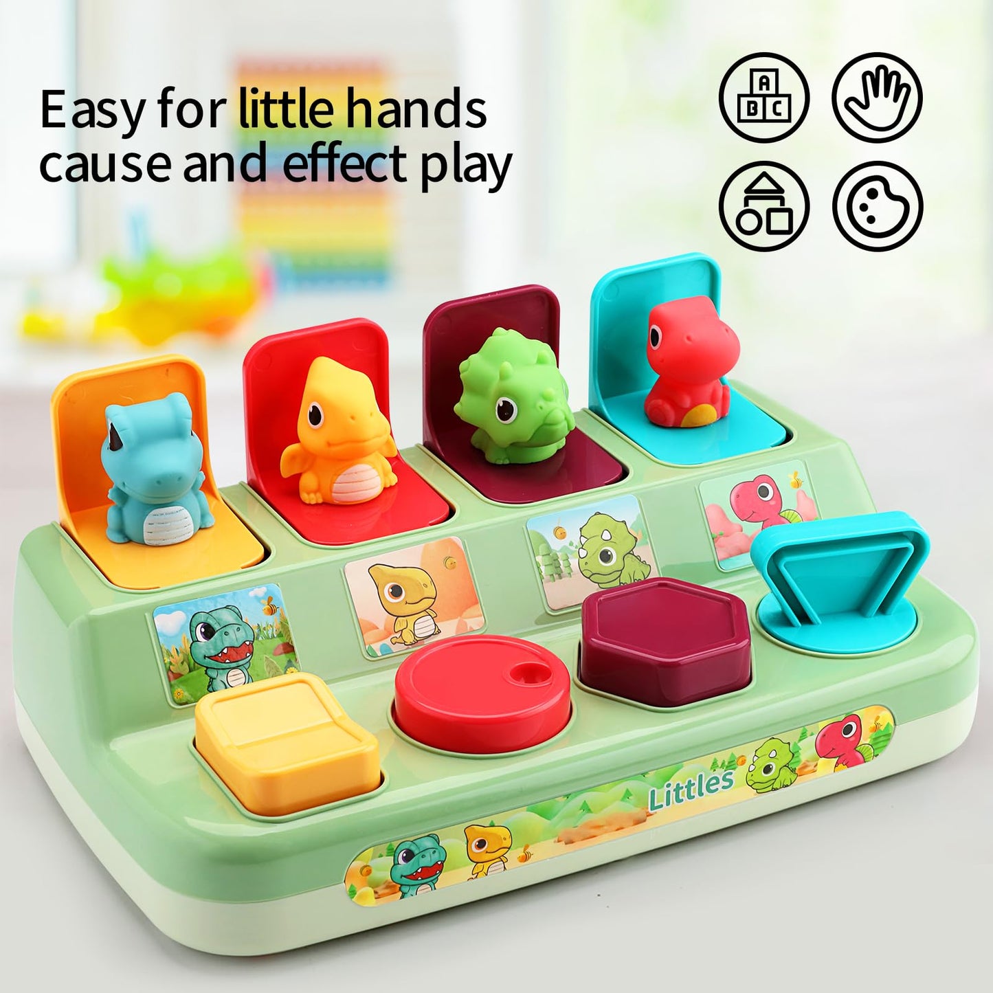Aiqi Pop Up Animals Toy for Toddlers 9-18 Months, Dinosaur Cause and Effect Toys for Babies 1 Year Old, Montessori Sensory Learning Fine Motor Skills Development Gift for Boys Girls (No Batteries)
