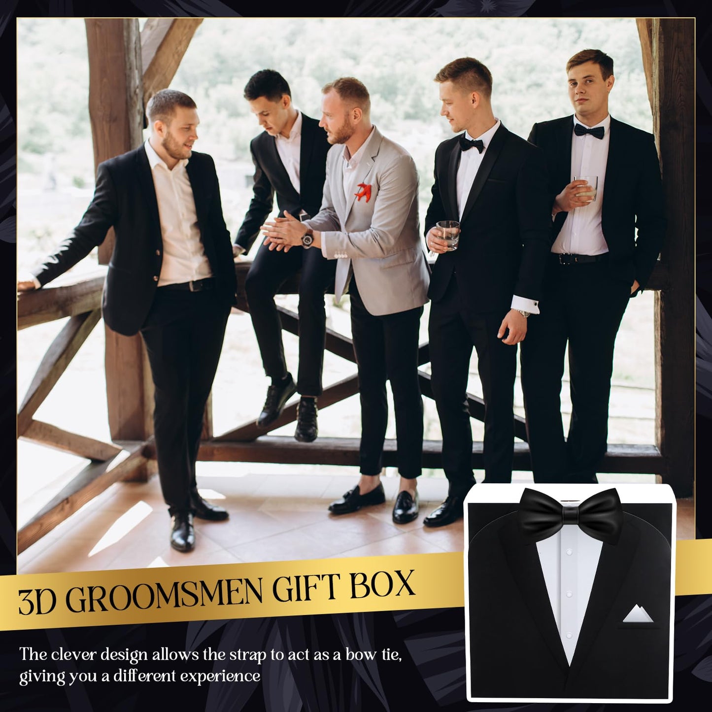 Motipuns Set of 6 Groomsmen Box with Ribbon Groomsman Proposal Gift for Men Paper Gift Boxes for Wedding Birthday Graduation Father's Day, 7.87 x 7.87 x 3.94''(Black)