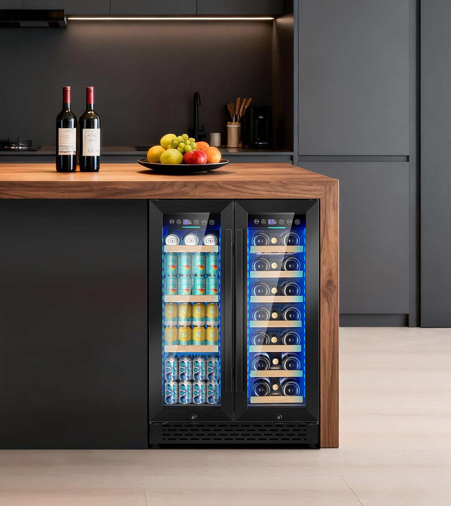 RLPI 24'' Wine and Beverage Refrigerator, 4.2 Cu. Ft. Dual Zone Wine Fridge with RGB Lights French Door Intelligent Control Advanced Compressor Under Counter Cooler for Outdoor Kitchen Bar Gift Black