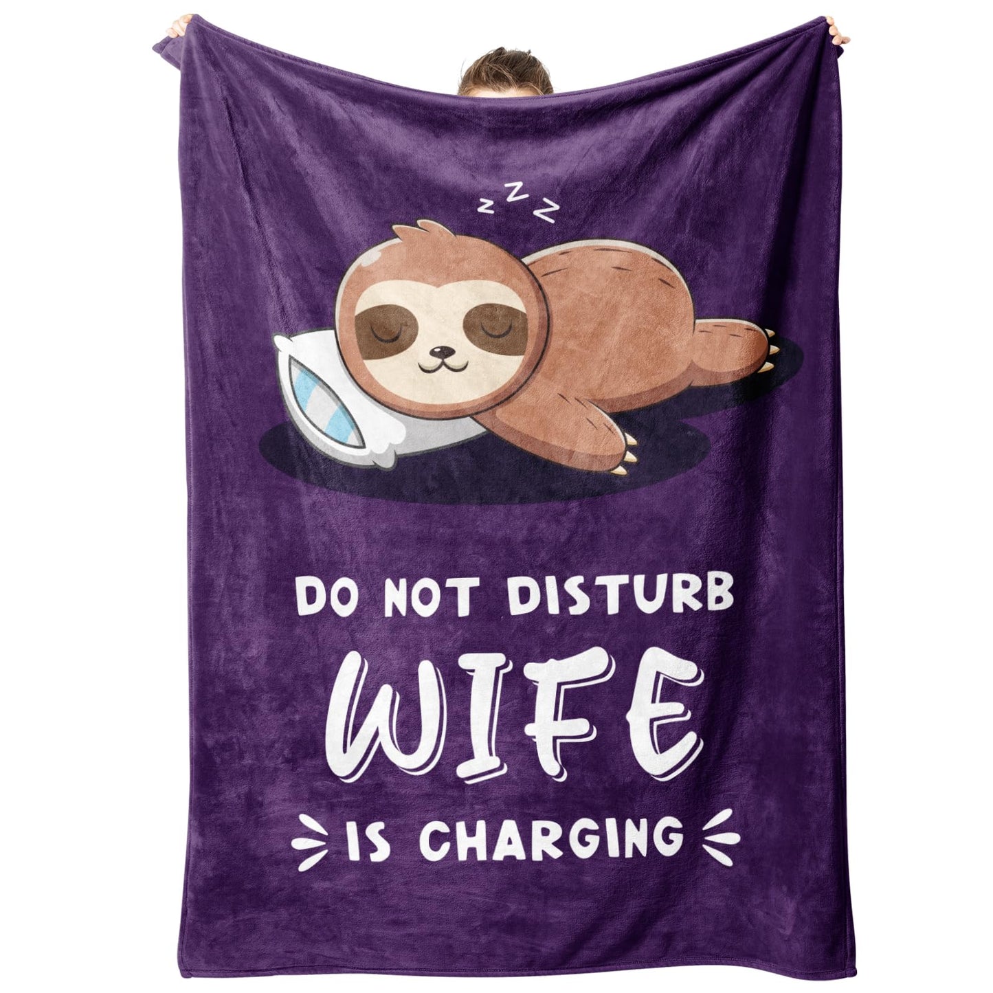 Leebbsin Funny Gifts for Wife Mothers Day, Anniversary Wedding Gifts for Wife, Wifey is Charging Sloth Blanket, Birthday Gift for Wifey from Husband, Gift for Her Christmas 60" x 50", Purple