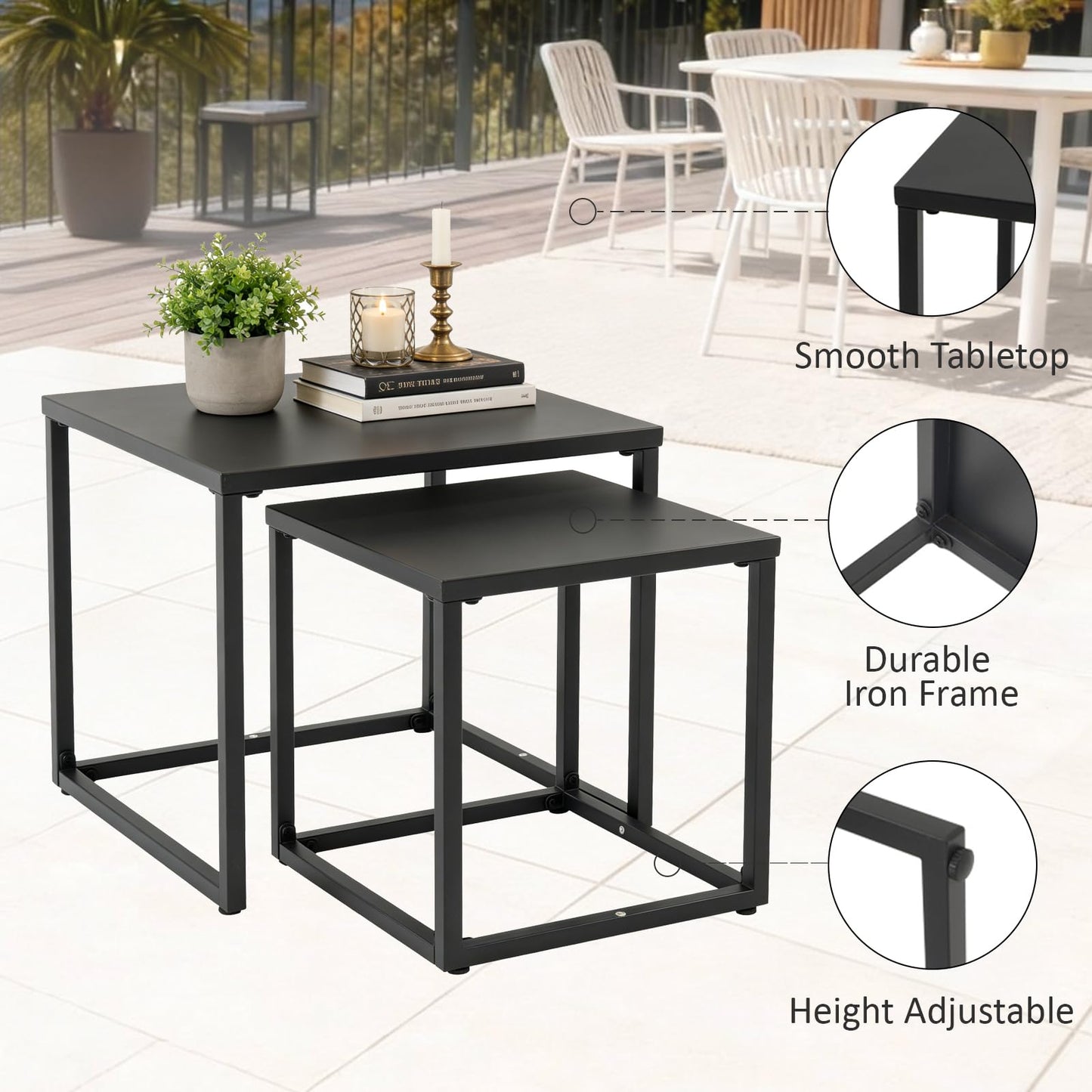 Meluvici Patio Outdoor Coffee Table Set of 2, Weather Resistant Steel Square End Tables, Outdoor Nesting Tables for Patio, Balcony, Bistro and Indoor, Black (Black)