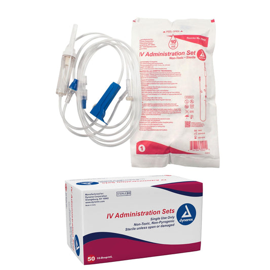 Dynarex 7042 IV Administration Set with 2 Needles Port and Check Valve, 10 Drop/mL, 112" Length, Pack of 50