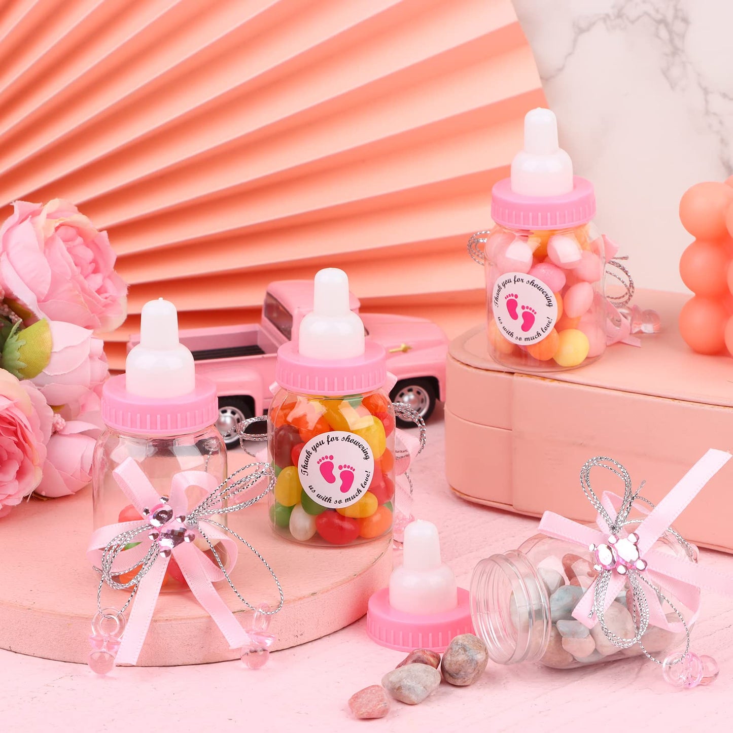 62 Pcs 3.5 Inch Baby Mini Milk Bottle Baby Shower Favor with 500 Adhesive Thank You for Showering Stickers, Small Plastic Bear Candy Bottle for Boy Girl Newborn Baptism Party Decor (Pink)
