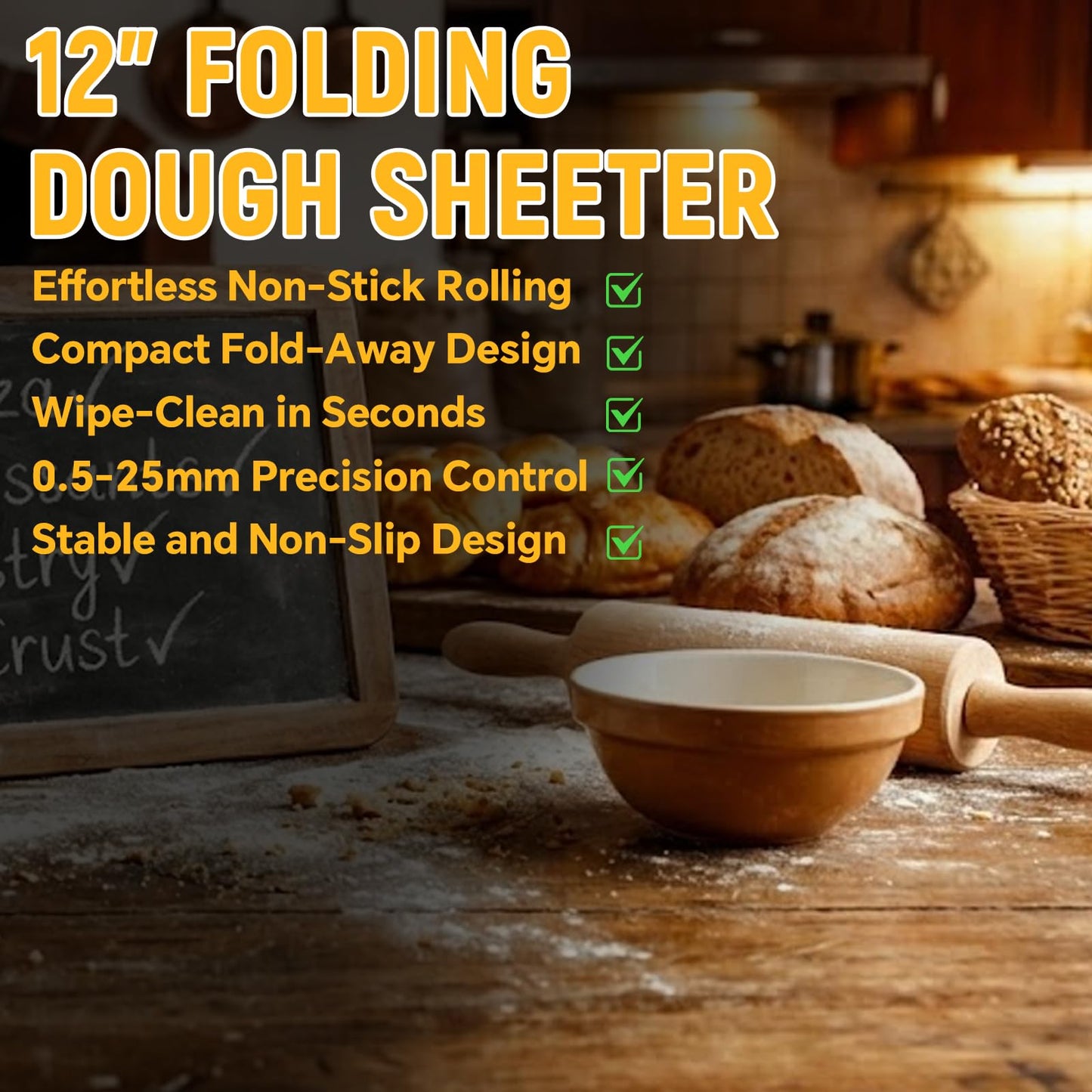 12" Folding Dough Sheeter with 23.6" x 11.8" Sheeter Board, Manual Dough Roller Machine with 0-25mm Adjustable Thickness Settings Stainless Steel for Pizza Croissants Pastry and Crust