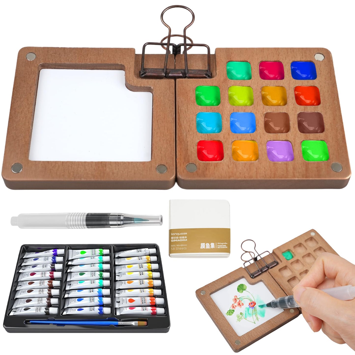 Mini Paint Palette Travel Kit,Mini Travel Watercolor Palette Set,Pocket Artist Acrylic colour Sets with Watercolor Pens,Binder Clips, Include 24 Colors Paint for Beginners Artists
