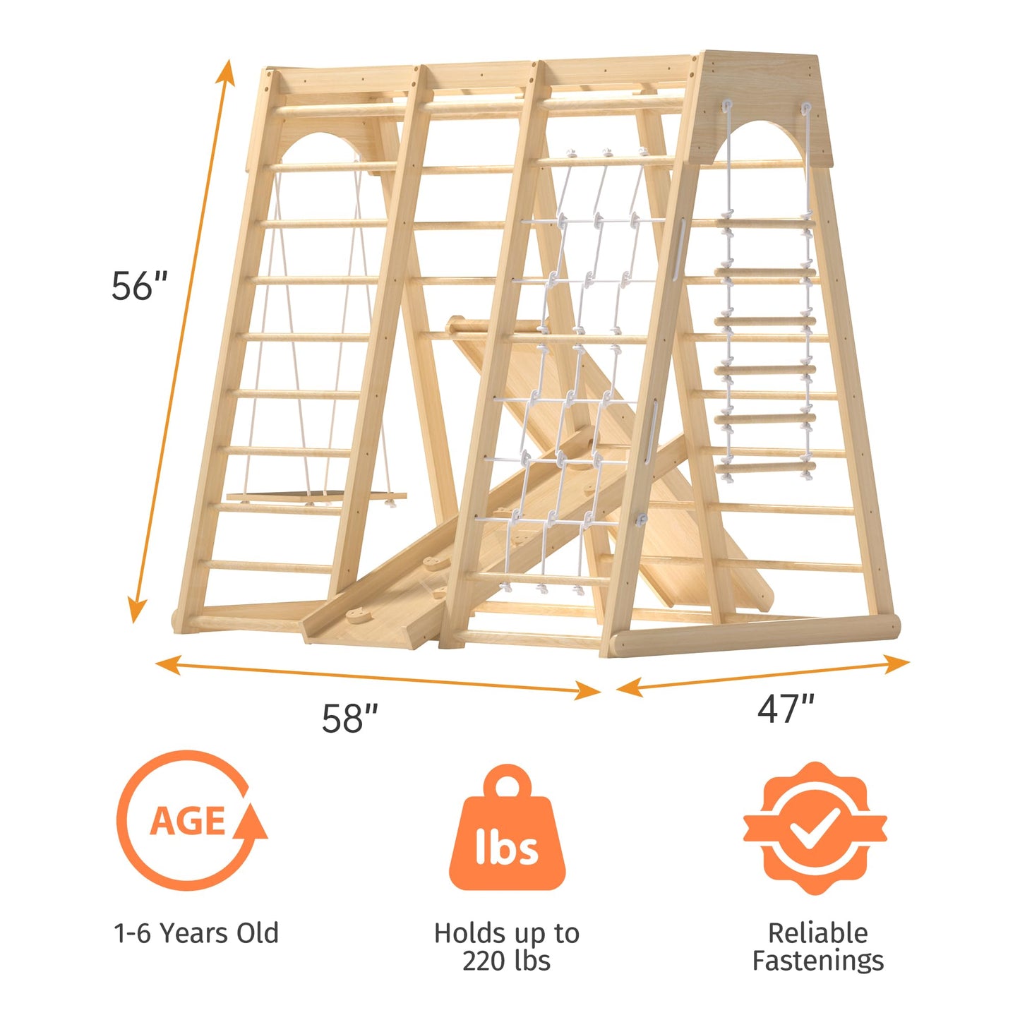 LunaQuest Indoor Jungle Gym for Toddlers, 8-in-1 Wooden Montessori Climbing Toys with Slide, Swing, Rock Wall, Rope Ladder, Monkey Bars – Indoor Playground for Kids Ages 1-8