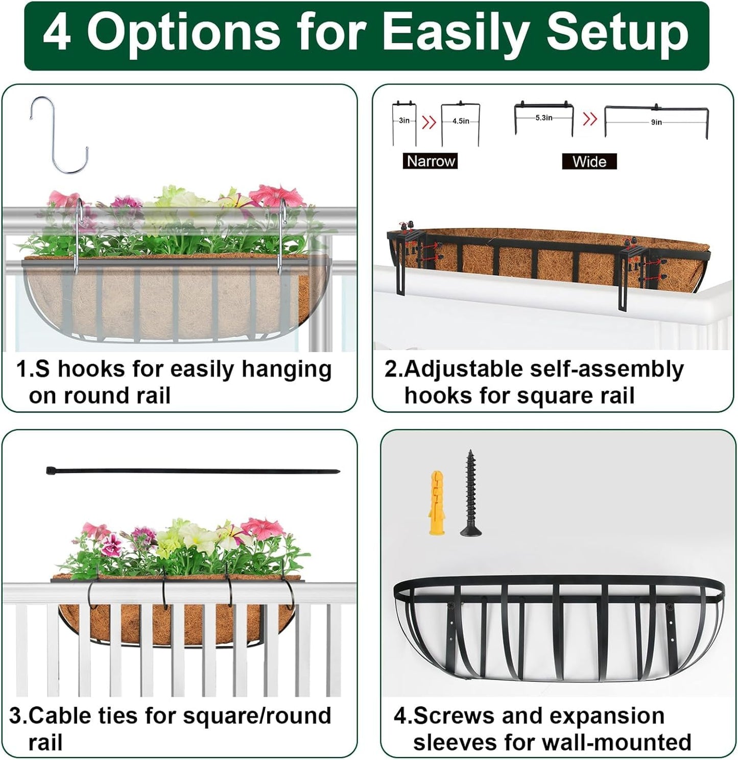 DUNCHATY 24 Inch Railing Planter Box 3 Pack - Metal Window Flower Box with Coco Coir Liner & Adjustable Hooks for Deck Balcony Porch Fence - Outdoor Horse Trough Planter for Herbs & Flowers