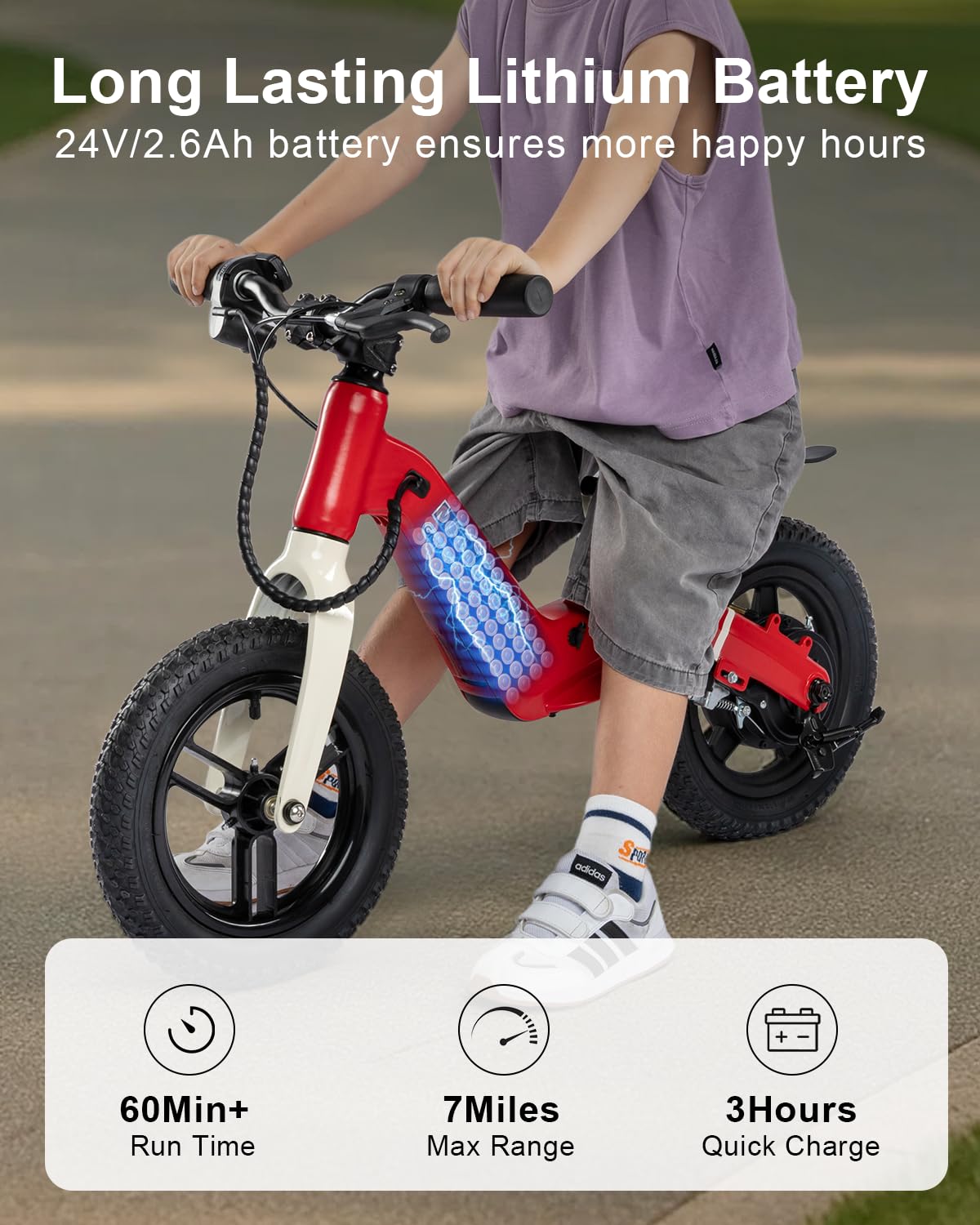 GROWNEER Electric Balance Bike for Kids 3-5 Year Old Boys Girls, 12 Inch Pneumatic Tires, 3 Speed Settings (3.1/6.2/9.3 mph), Light-up Front Tire & Adjustable Seat, 9.3 Mile Range, Red