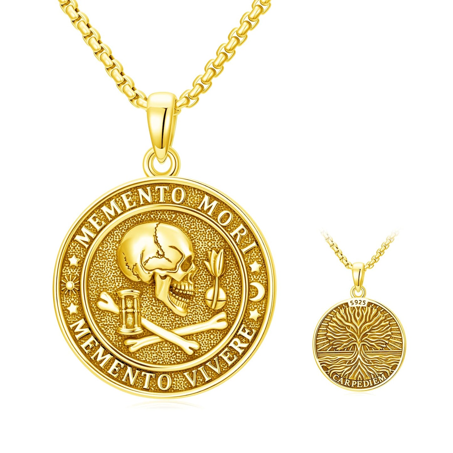 POIUY Memento Mori Necklace for Men Gothic Gold Skull Pendant Stoicism Mori Jewelry Tree of Life Amulet Protection Gifts for Men Women 22+2 Inch Chain
