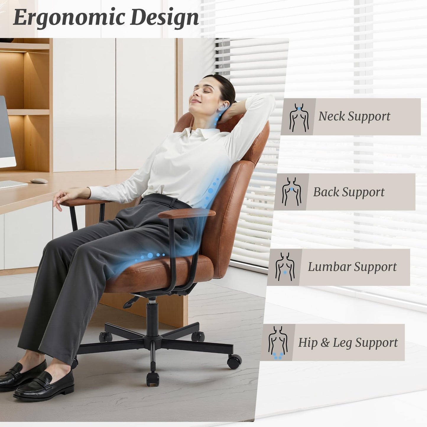 Cozyman High Back Office Desk Chair, Breathable Ergonomic Leather Chair with 5-Layer Seat Cushion with 135°Reclining Lumbar Support Adjustable Height Rolling Swivel Executive Armrests Chair, Brown