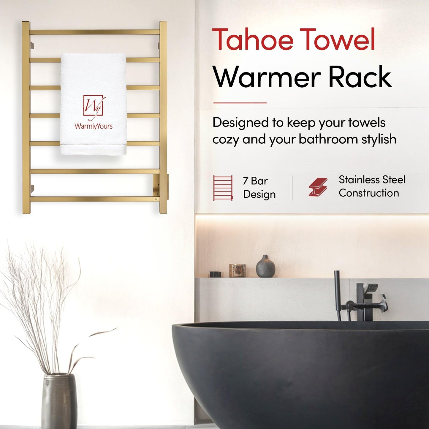 Heated Towel Rack – Brushed Gold Wall Mounted Towel Warmer for Luxurious Bathroom Spa-Like Comfort, 7-Bars, 75 Watts Electric Hardwired UL Certified Safe, WarmlyYours Tahoe