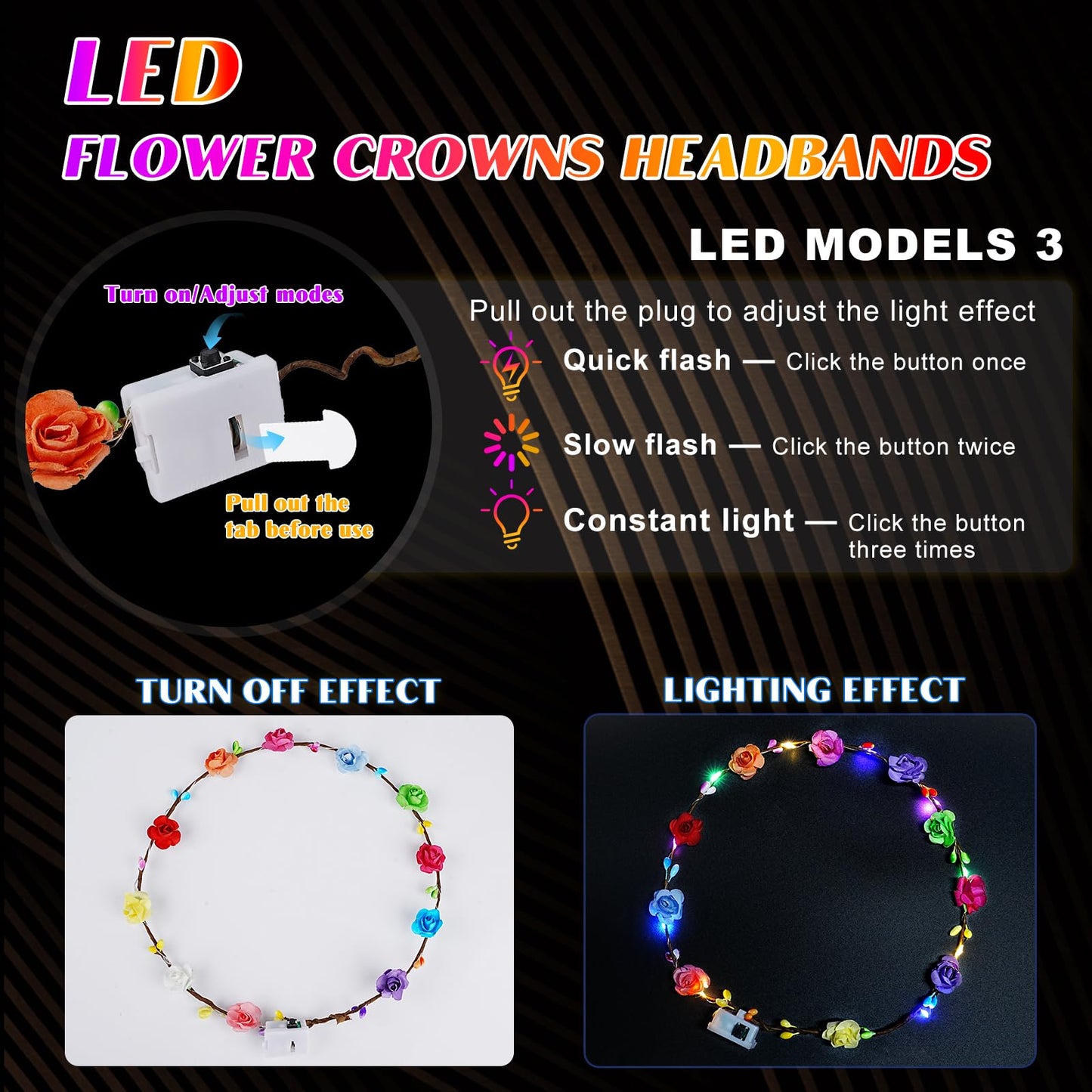 HONLYNE 100 PCS LED Flower Crowns Headbands, Light Up Flower Crowns For Women, Glow in the Dark Headband for Wedding Reception Birthday Christmas Mardi Gras Cosplay Princess Party Favors