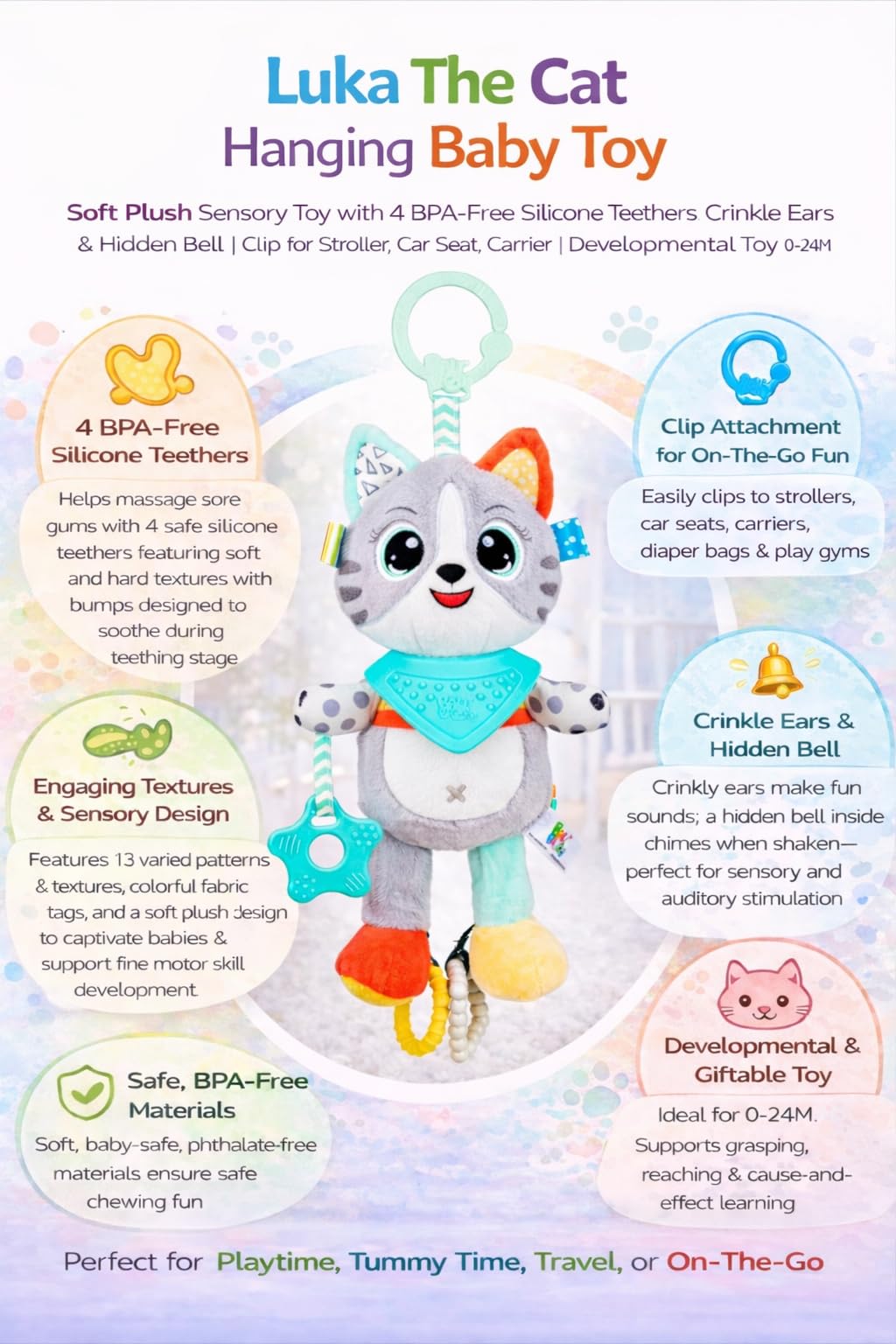 Balibazoo Luka The Cat Hanging Baby Toy – Soft Plush Sensory Toy with 3 BPA-Free Silicone Teethers, Crinkle Ears & Hidden Bell | Clip for Stroller, Car Seat, and Carrier | Developmental Toy 0-24M