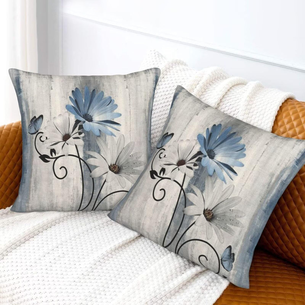 Sunshineyan Baby Blue Floral Pillow Covers 20 x 20 Inch Set of 2 Daisy Floral Butterfly Decorative Throw Pillow Covers Linen Rustic Farmhouse Cushion Cases for Home Sofa Couch Living Room Decor