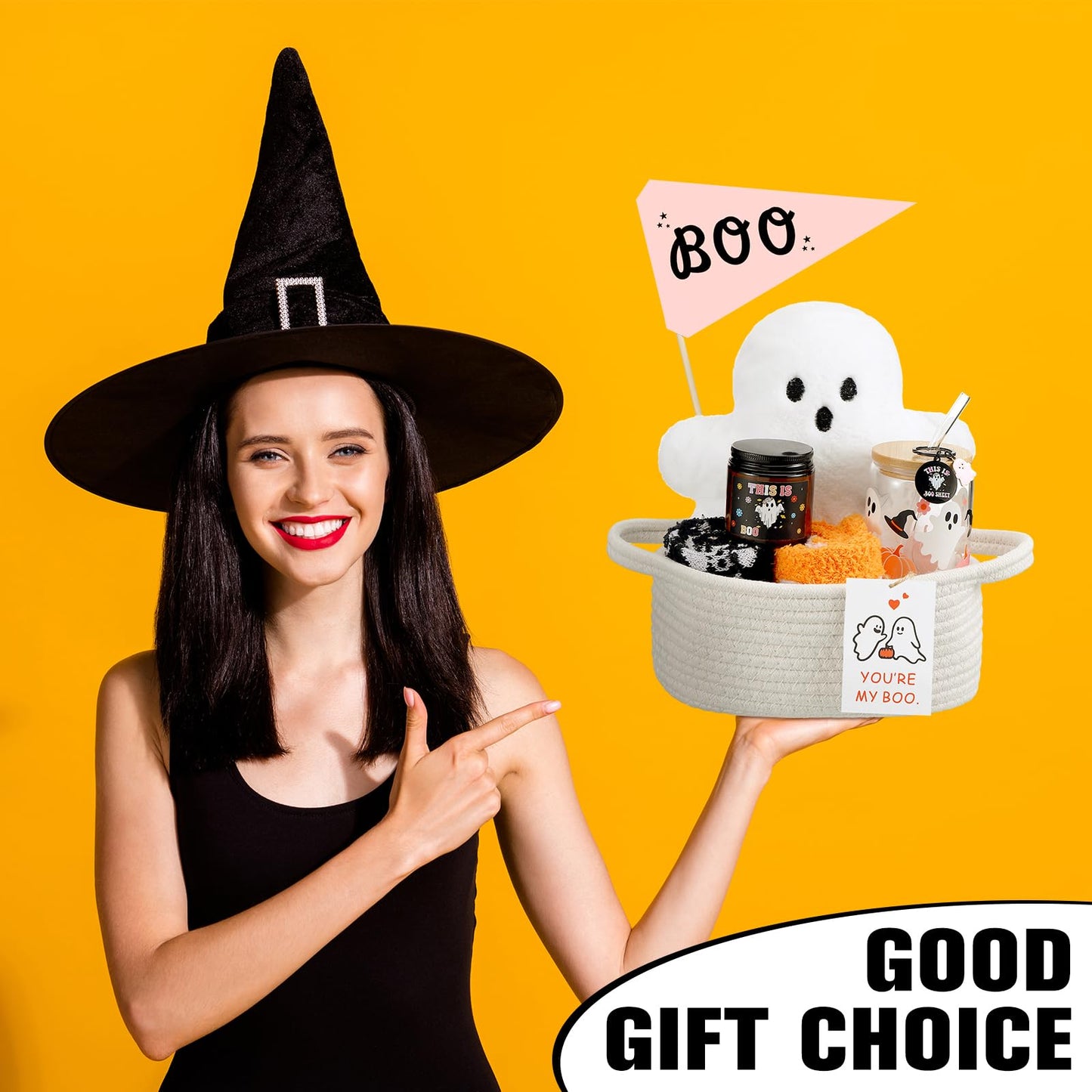 LemonRoad 9 Pcs Boo Basket Stuffers for Women Halloween Boo Basket Items Gift Set with Ghost Plush Toy Spooky Glass Cup Scented Candle Socks for Her Women Adults Wife Girlfriend Friend(Fashion)