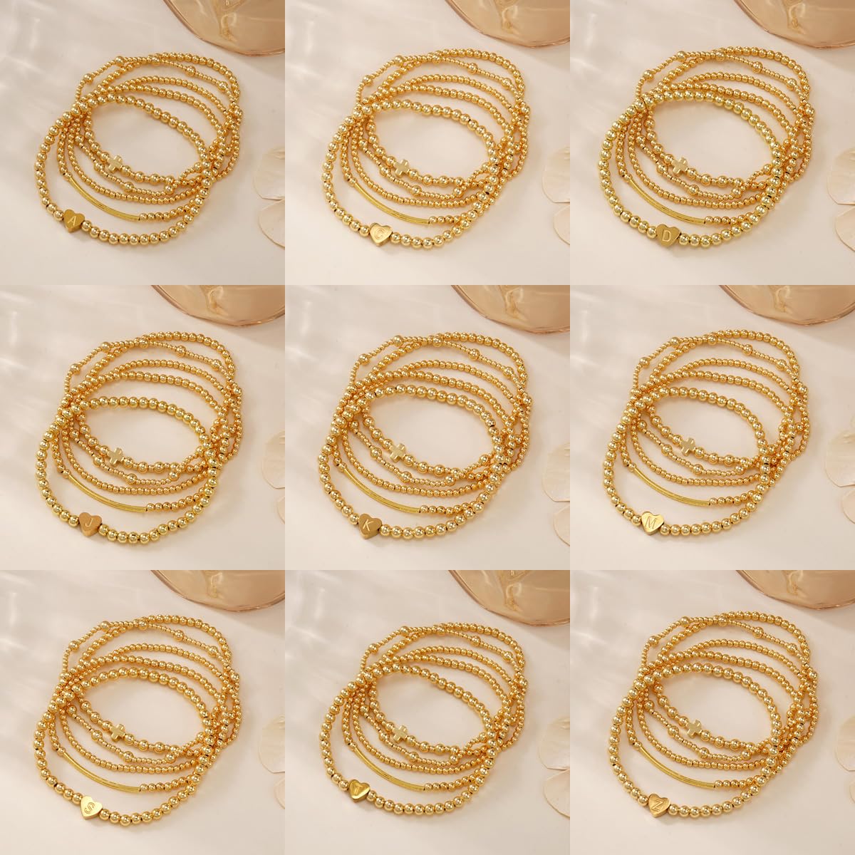14K Gold Cross Beaded Initial Bracelet Stack for Women,Dainty Stretch Gold Plated Letter “S” Stackable Bracelets Bohemian Layered Prom Party Accessories Jewelry Gift Friendship