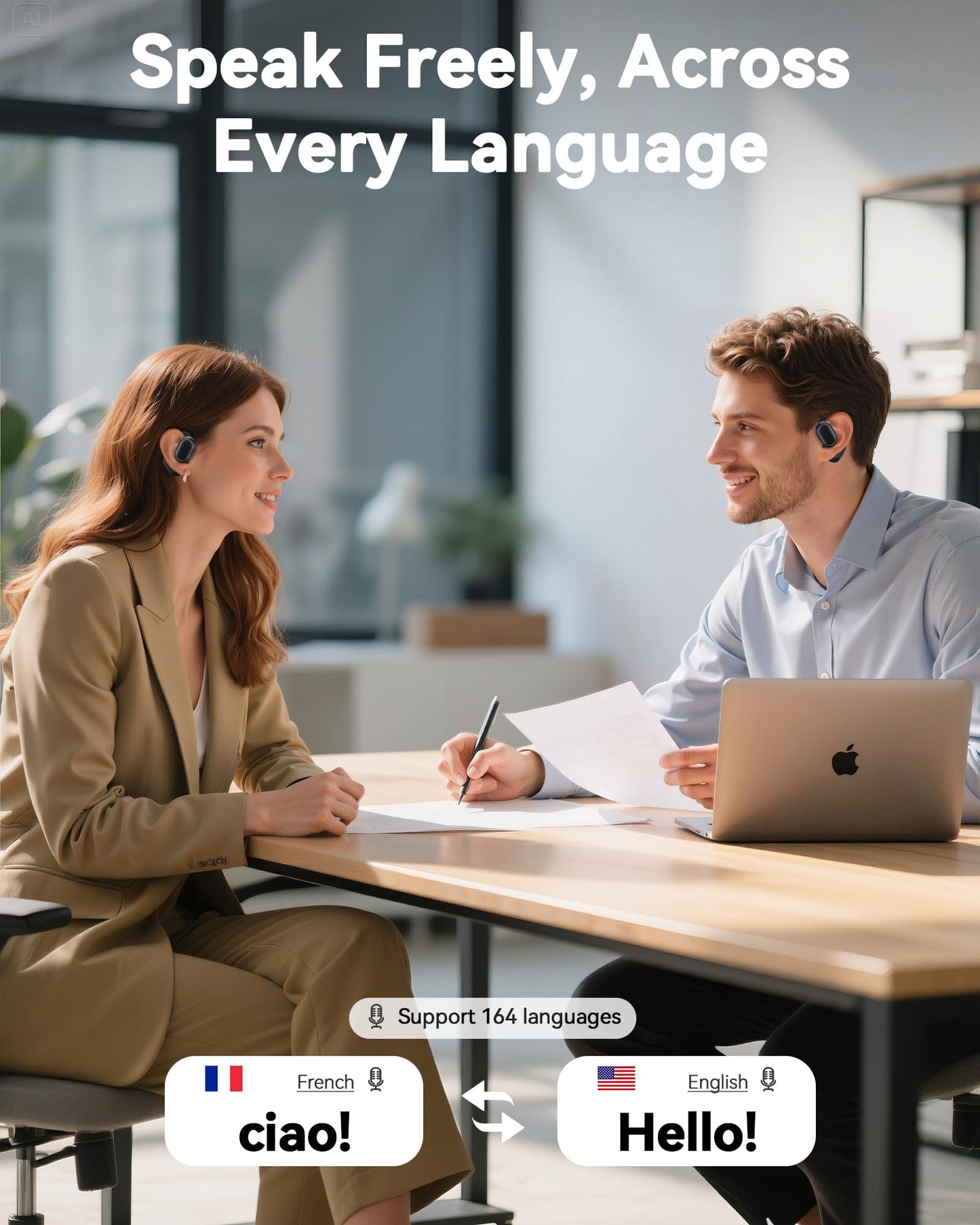 AI Translation Earbuds Real Time, 164 Languages & Accents, Translator Earbuds 90H Playtime, Translation Headphone LED Display Audifonos Traductores Inglés Español for Travel Business Meeting, Black