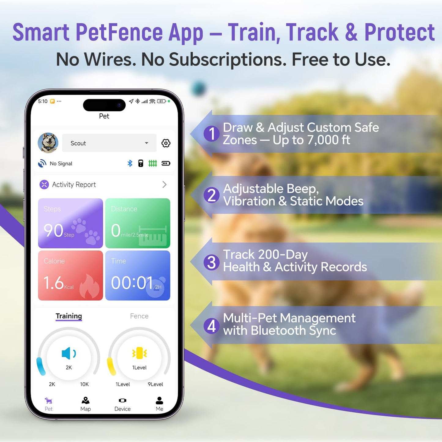 RAINLEOTI GPS Wireless Dog Fence – with Dog Collar & Free App, Custom GPS Fence, Beep/Vibration/Static Modes, IP67 Waterproof, Long Battery Life, for Dogs 10–120 lbs