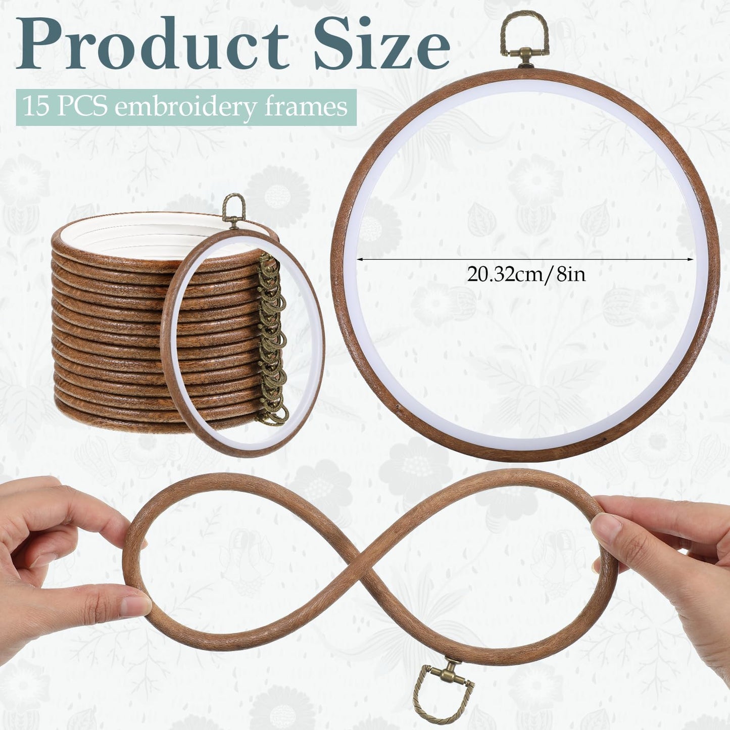 SHENLIU 15 Pcs 8 Inch Round Embroidery Hoops Frame, Cross Stitch Hoop Imitated Wood Embroidery Hoop Circle Rubber Ring Display for Art Craft Sewing and Christmas Ornaments
