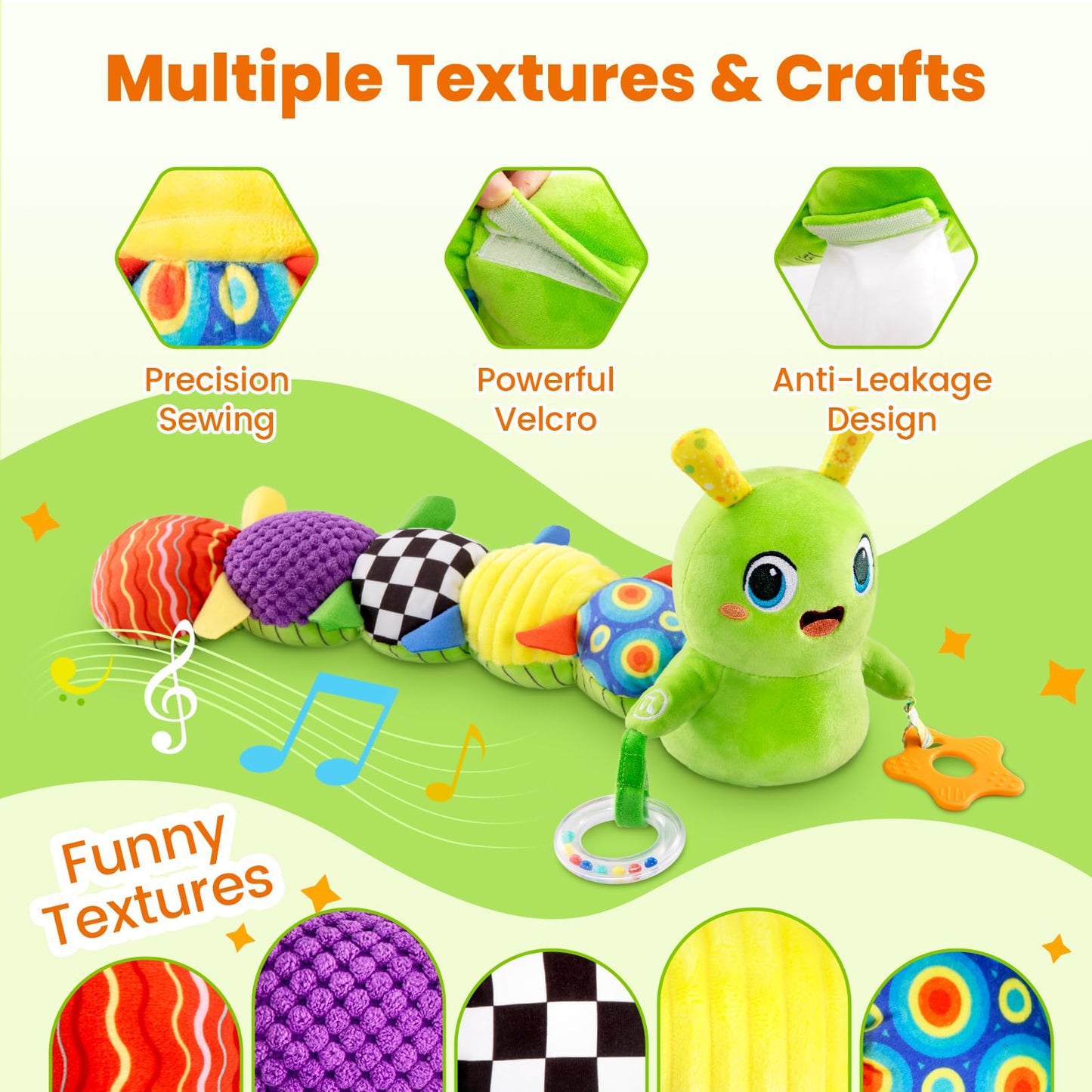 Baby Toys 0-6 Months, Washable Baby Musical Caterpillar Toys with 10 Children's Songs,Rattles,Teething Toys,Suitable for 0-6, 6-12 Months Infant Tummy Time Toy,Newborn Baby Boy&Gril Toy(Green)