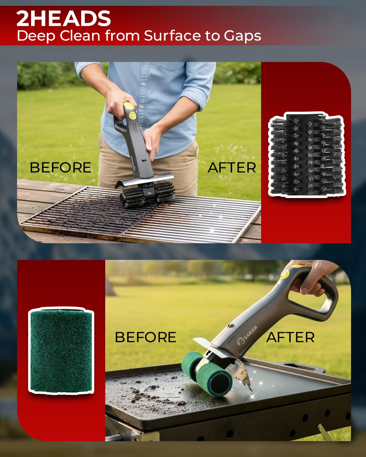 Saker Electric Grill Brush with 450 RPM & LED Light | Tangle-Free Grill Cleaning Brush with Durable Roller | Complete 8-Piece Brush & Scouring Pad Kit | Ideal Grilling Gift for Dad