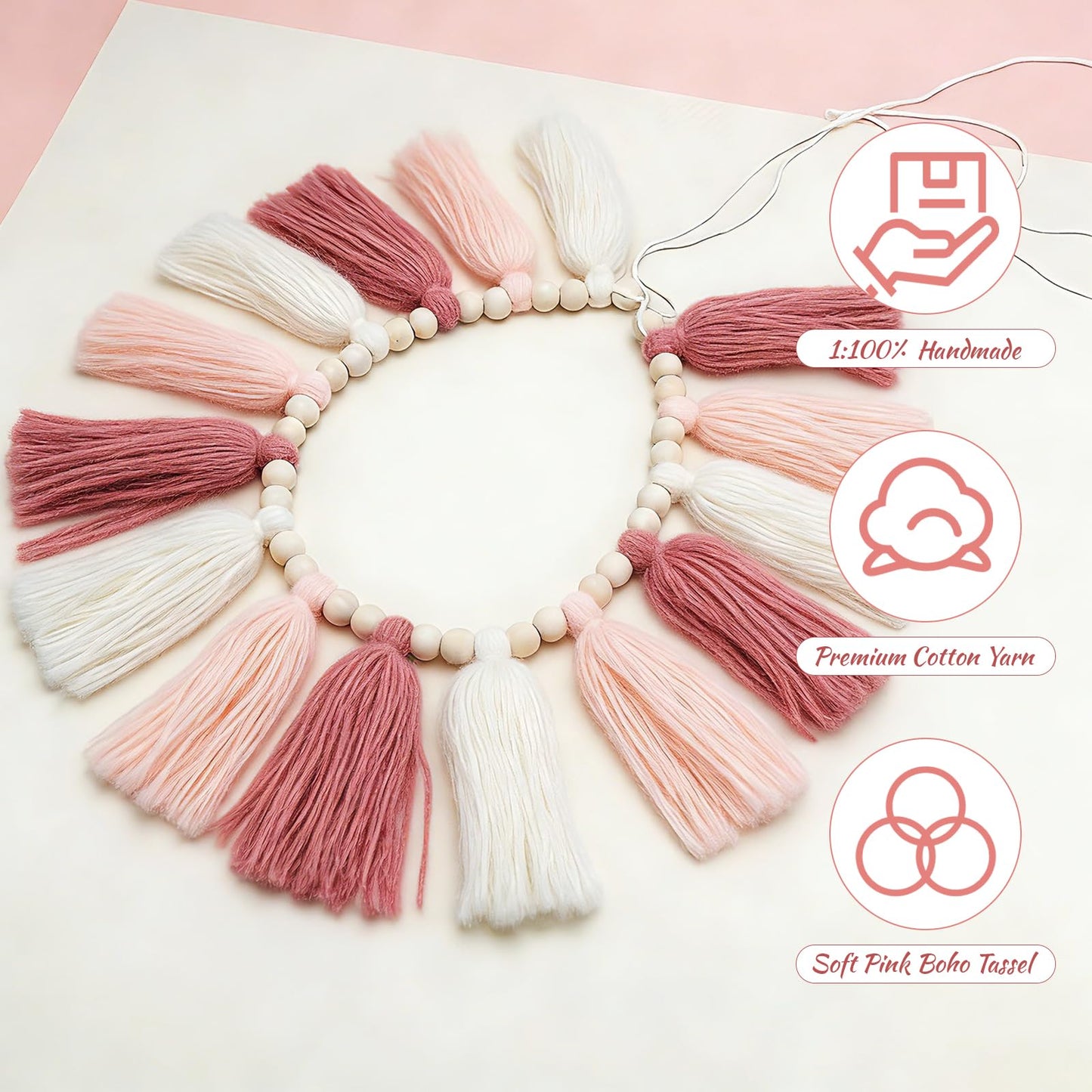 Boho Yarn Tassel Garland - Handmade Wall Hanging Decor for Nursery, Baby Shower, Kids Room, Classroom, Birthday Party - Macrame Tassels Banner for Bedroom, Office, Home Decoration (Pink)