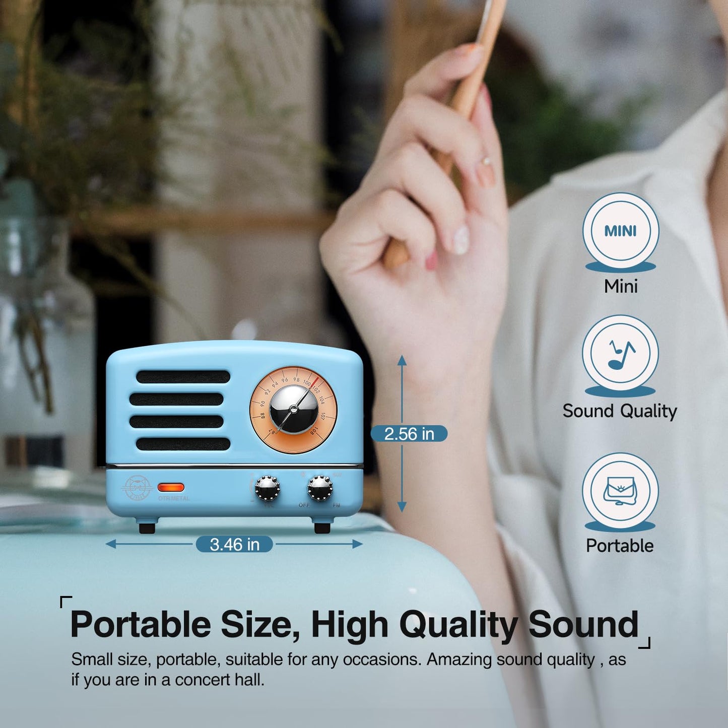 Muzen Portable Bluetooth Speaker, OTR Metal Retro Small Wireless Speaker, FM Radio with Antenna AUX, 10h+ Long Playtime, High Fidelity Stereo Audio with Suitcase, Room Office Decor, Festival Gift