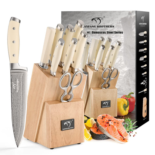 Damascus Kitchen Knife Set, 9 Pieces With Block, White ABS Triple Rivet Ergonomic Handle for Chef Knives, Sharpener and Shears