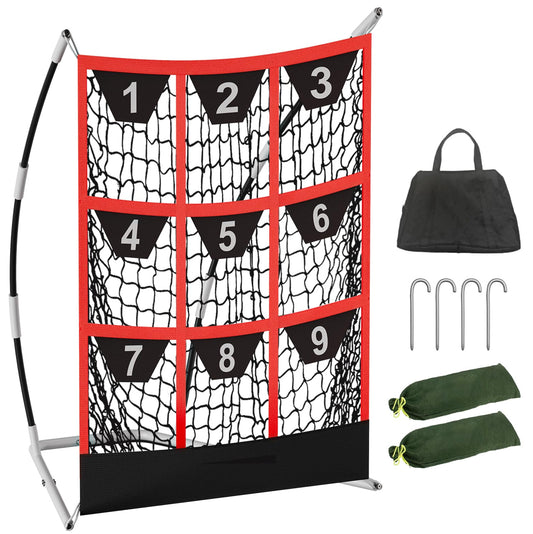 Queension 9 Hole Pitching Target Net with Strike Zone, Baseball Batting Net with Target Pockets, Pitching Net with Ground Stakes and Sandbags for Baseball Training, White