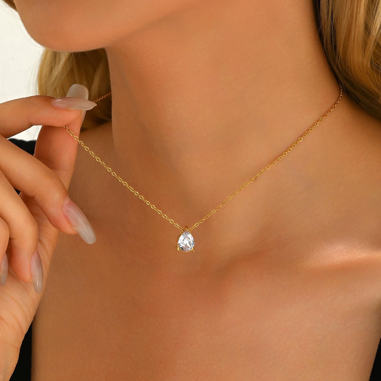 Jewigo Cubic Zirconia Necklaces for Women 18K Gold Plated Tear drop Necklace Dainty Layered CZ Lariat Diamond Necklace