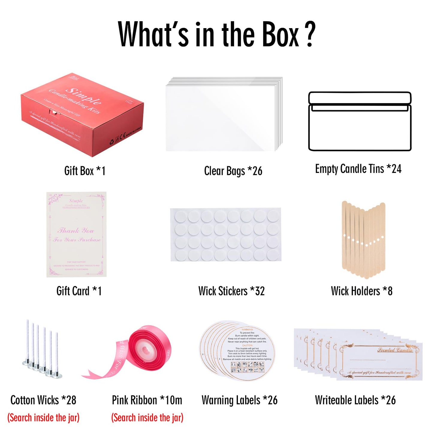 Domivirgo 24 Empty Candle Tins 8 oz with Lids for Making Candles - Simple Candle Making Kit, Include Wicks, Holders & Stickers, Labels, Pink Ribbon,Gift Box & Card and Transparent Bags (Colorful)