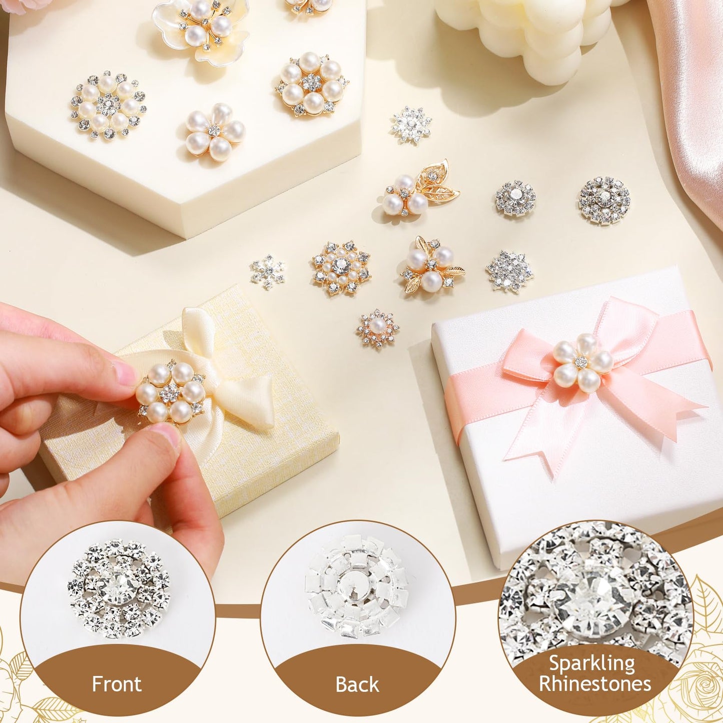 Wavwavw 160 Pcs Flat Back Pearls Rhinestone Buttons for Crafting Faux Pearl Embellishments Bulk for Jewelry DIY Craft Wedding Bouquet Hat Dress Hair Gift Decoration Party Accessories (Gold)