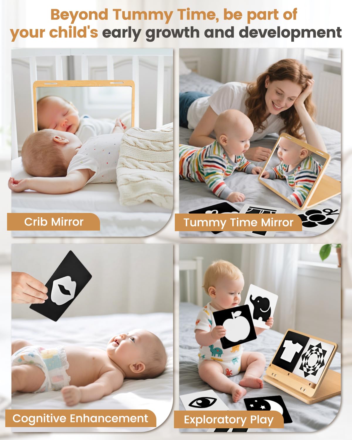 Brezlio Tummy Time Mirror for Baby Montessori Baby Floor Mirror with High Contrast Black and White Cards Infant Safe Mirror Toy for Newborn