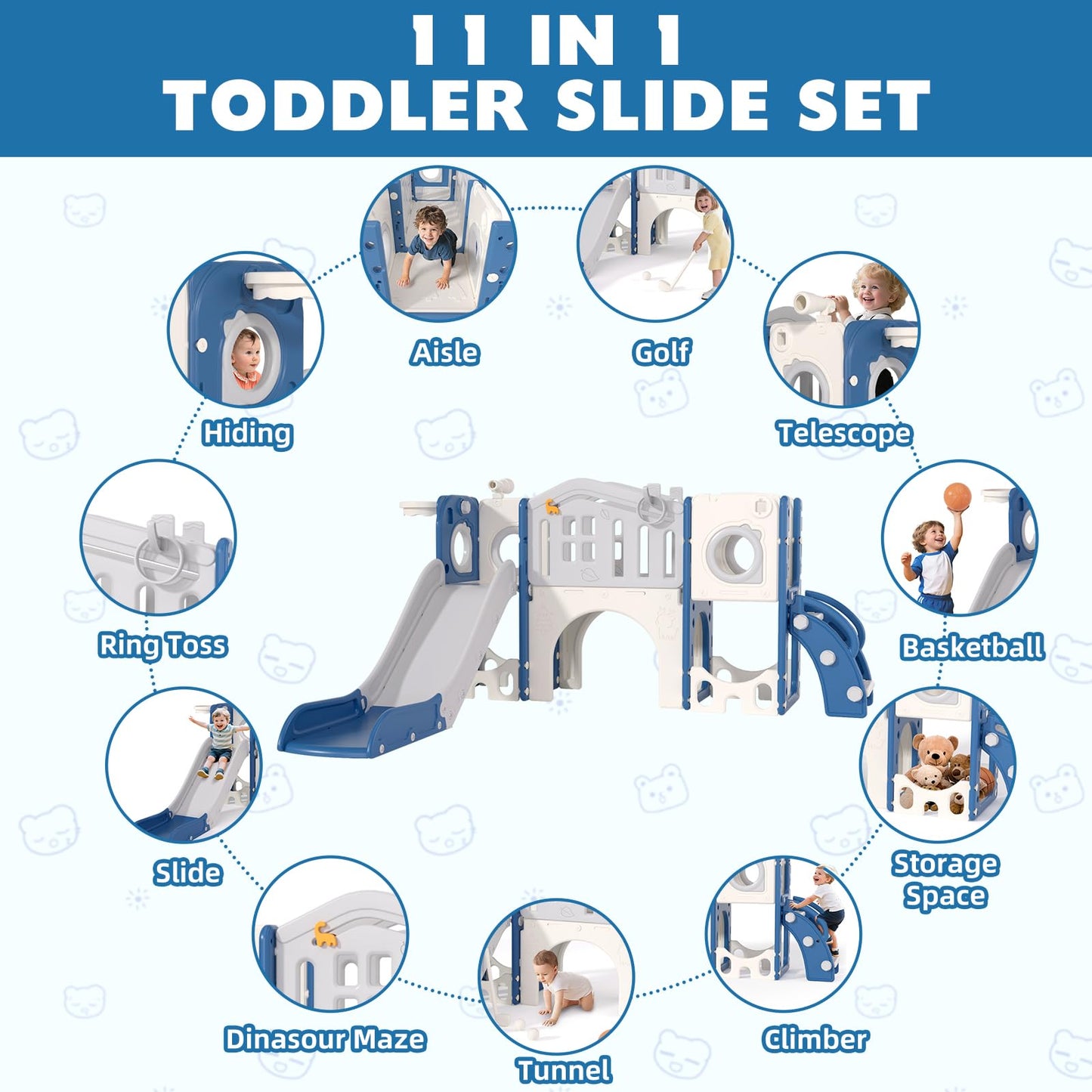67i 10-in-1 Toddler Playground Set with Slide & Climber, Indoor Outdoor Play Gym for Toddlers 1-3, Quick Compact Setup Kids Playset with Basketball Golf Ring Toss Telescope Dino Area (Blue Gray)
