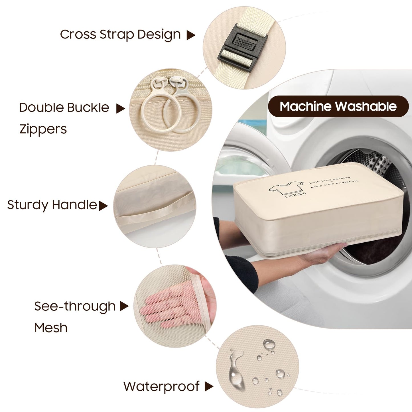 SKYREH 8 Set Travel Packing Organizers- Luggage Organizer for Suitcase Organization with Hanging Toiletry, Shoe & Laundry Bags, Packing Cubes for Travel Essentials, Cute Gifts for Women, Beige