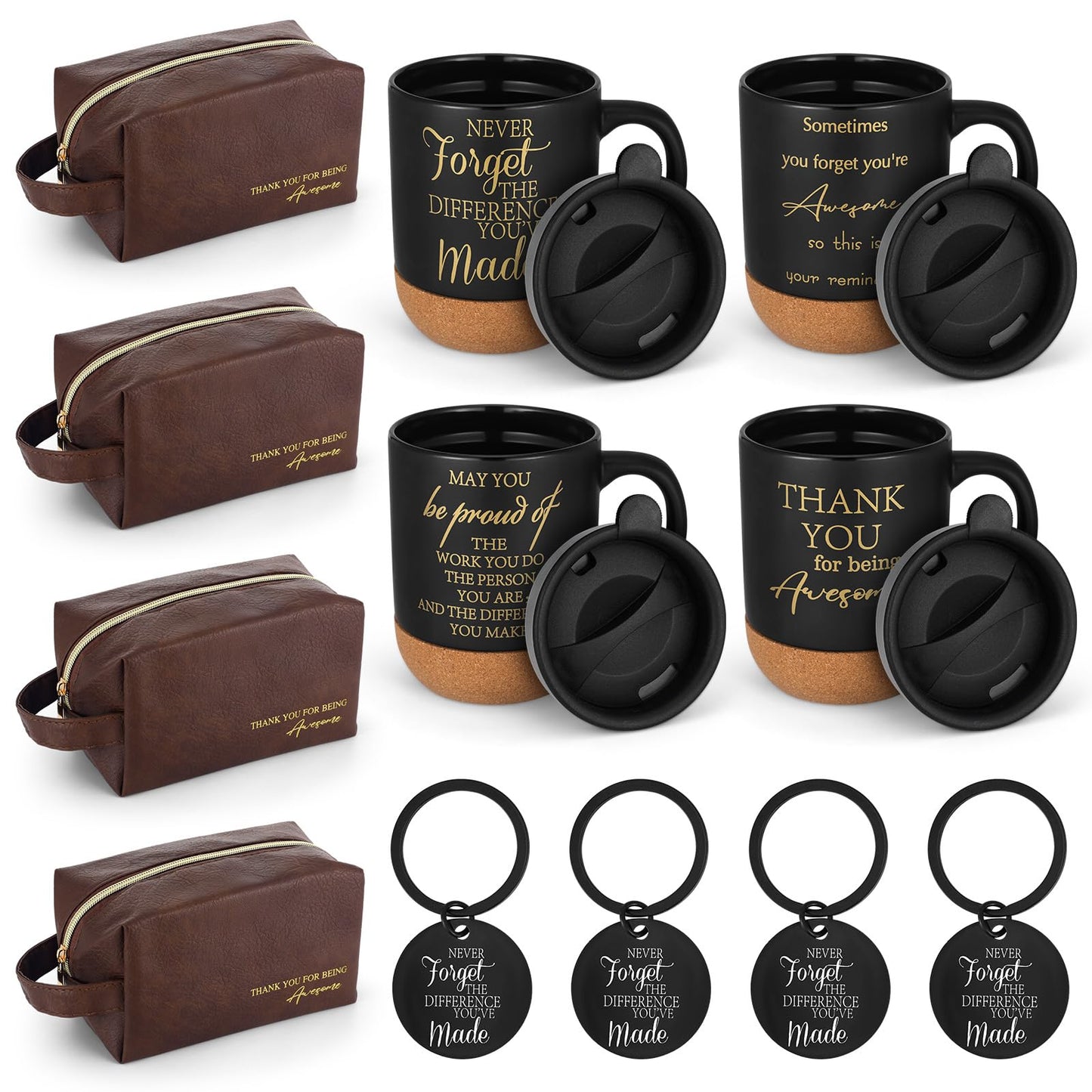DERTE 12 Pcs Thank You Gift for Men Male Teacher Coworker Employee Appreciation Gift 15 oz Coffee Cup Leather Toiletry Bag Inspirational Keychain Set for Boss Staff Dad Fathers Day Husband Friends
