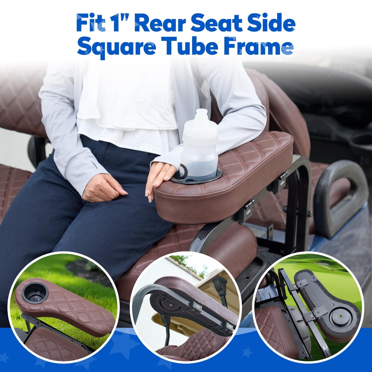 NOKINS Golf Cart Seat Covers for Club Car Precedent, Vinyl Front&Rear Seat Cover with Flip-Up Armrests kit, with Cup Holder, for 1" Square Tube(Brown&Brown 8438)