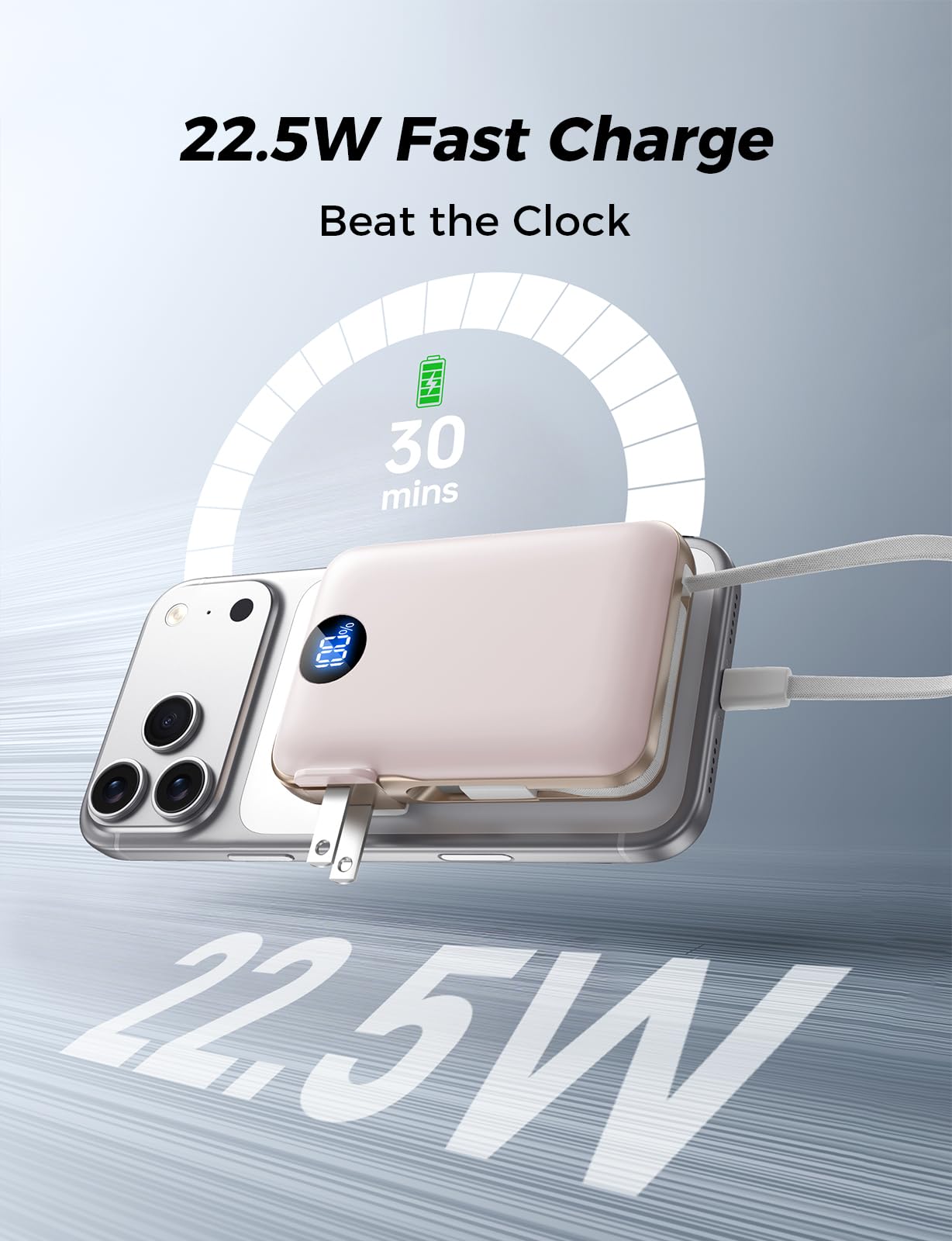 Sucrosey Portable Charger with Built-in Cables & Wall Plug, 10000mAh Power Bank, 4 Outputs 22.5W USB C Fast Charging, Slim Travel Battery Pack with LED Display for iPhone 17/16/15/14, Rosegold