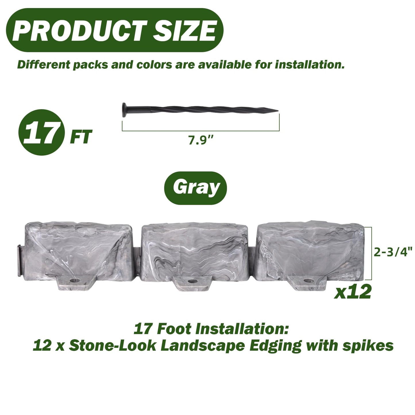 Landscape Edging Faux Stone Garden Edging Border,17FT x 2.75 in Tall Decorative Stone-Look Garden Border for Flower Bed Edging,Lawn,Landscaped Yard,Trees and Gardens,with Anchoring Spikes,Gray