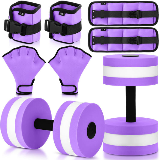 Hollowfly 6 Pcs Water Aerobics Equipment Set Full Body Pool Exercise Kit, 2 Aqua Dumbbells, 2 Adjustable 1lb Ankle/Wrist Weights, 2 Webbed Swim Gloves, Low Impact Aquatic Workout Gear(Purple)