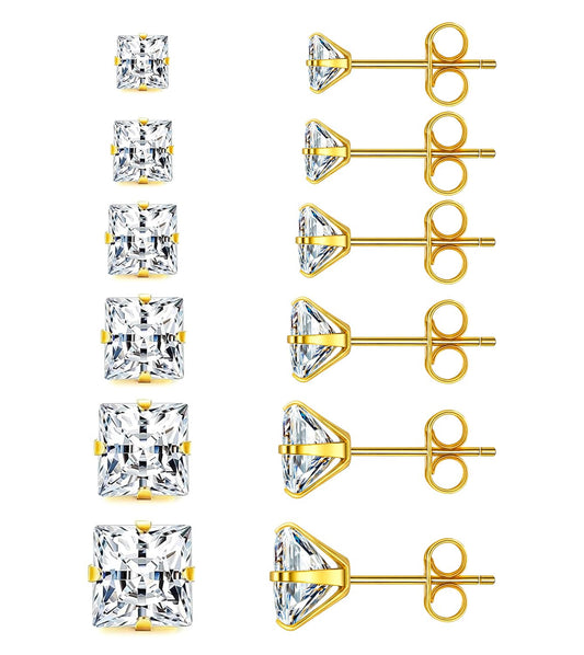 6 Pairs Square Earrings, Princess Cut Earrings Set for Men Women, Hypoallergenic 14K Gold Plated Surgical Steel Clear Cubic Zirconia Stud Earrings for Multiple Piercing Sensitive Ears CZ Size 3-8mm