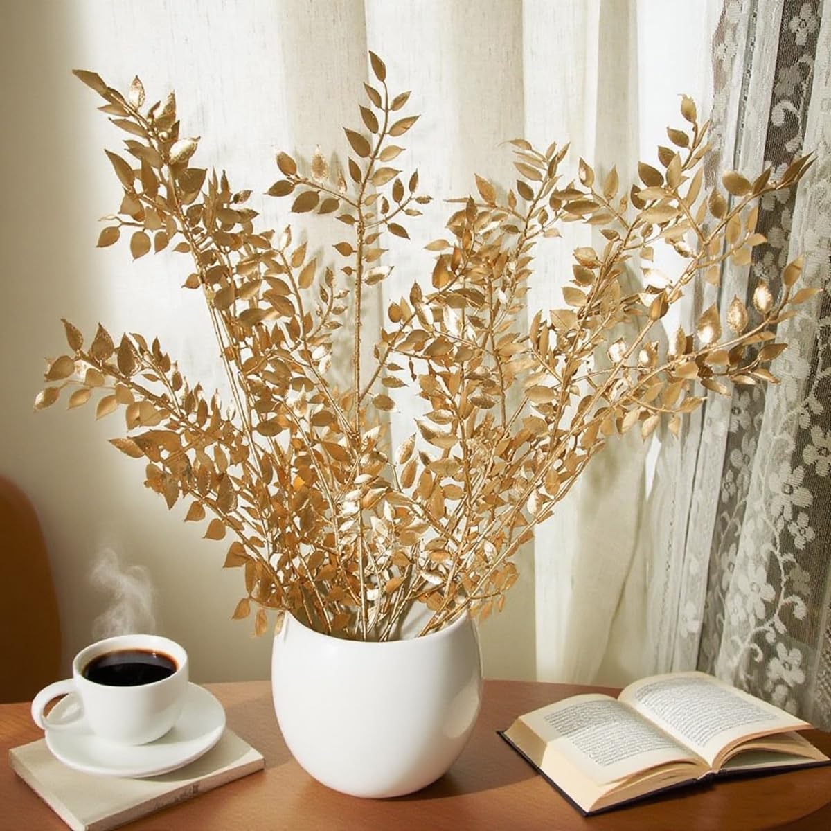 QNUIHYE 6 Pack Fake Leaves Gold Leaf Christmas Decor Gold Decor Ation Artificial Leaves Flower Stems Faux Branches Fake Plants for Vase Wedding Bouquet Leaf Table Centerpiece DIY