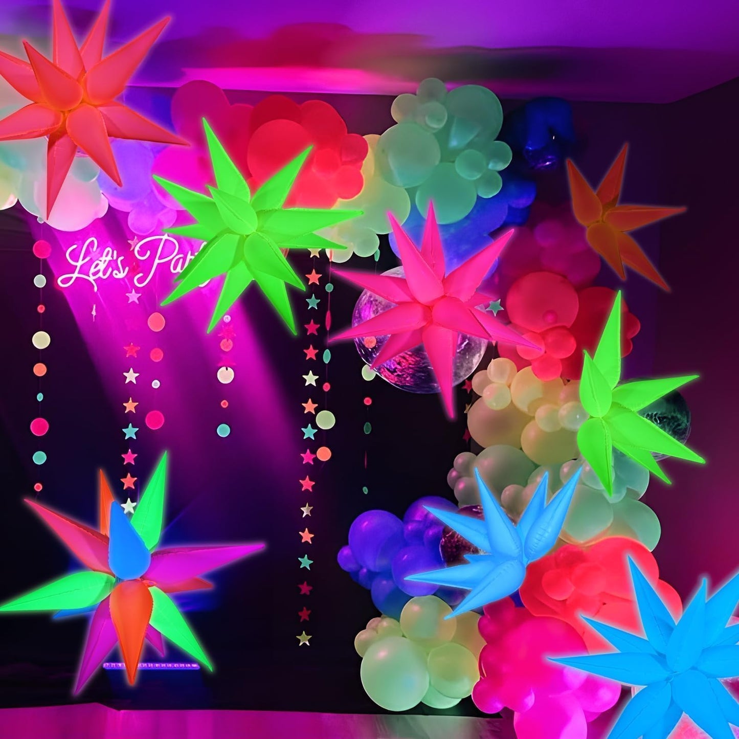 Mega-L Glow in The Dark Party Supplies, 5 Pcs Neon Explosion Star Balloons Kit, Neon Party Decorations, DIY Neon Balloon with 12 point Cone Balloons for Birthday Wedding Graduation