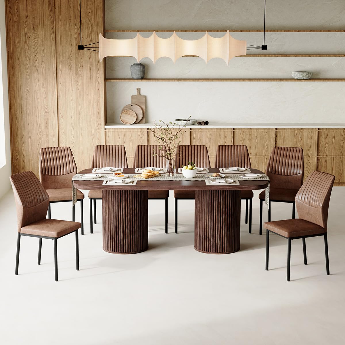 Rejeke 79" Dining Table Set for 8,Large Rectangular Kitchen Table Set for 8 with Cushioned Chairs,Modern Mid-Century Wood Dining Room Table Set,Ideal for Dining & Gatherings (Walnut)