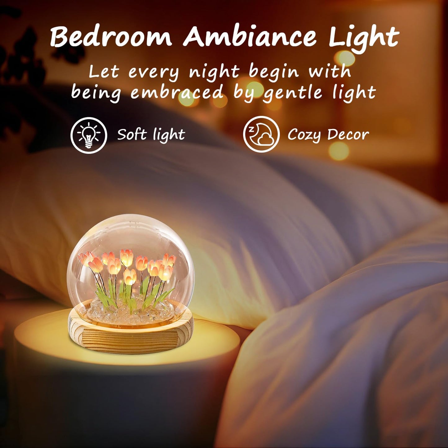 Lifnatty Mothers Day Tulips Gifts for Women – Tulip Lamp with Glass Dome, Birthday Gift for Girlfriend, Wife, Mom, Battery Operated LED Flower Night Light for Bedroom, Home and Table Decor