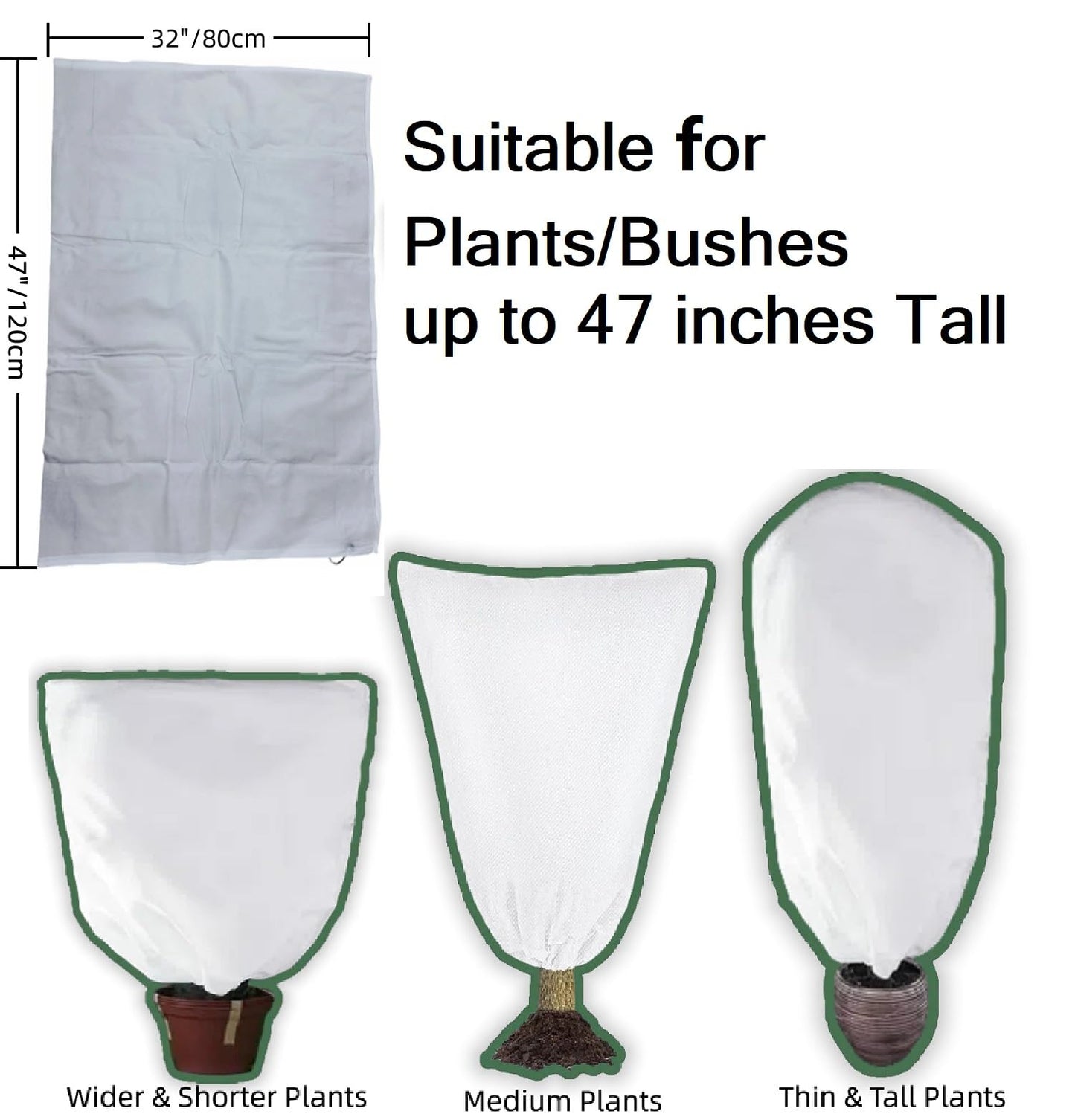 EAONE 12 Pack Plant Covers Freeze Protection, 32x47'' Winter Frosts Cloth for Outdoor Plants, Reusable Frost Blankets Drawstring Bags for Cold Freeze Sun Protection Bird Insect Prevention,White