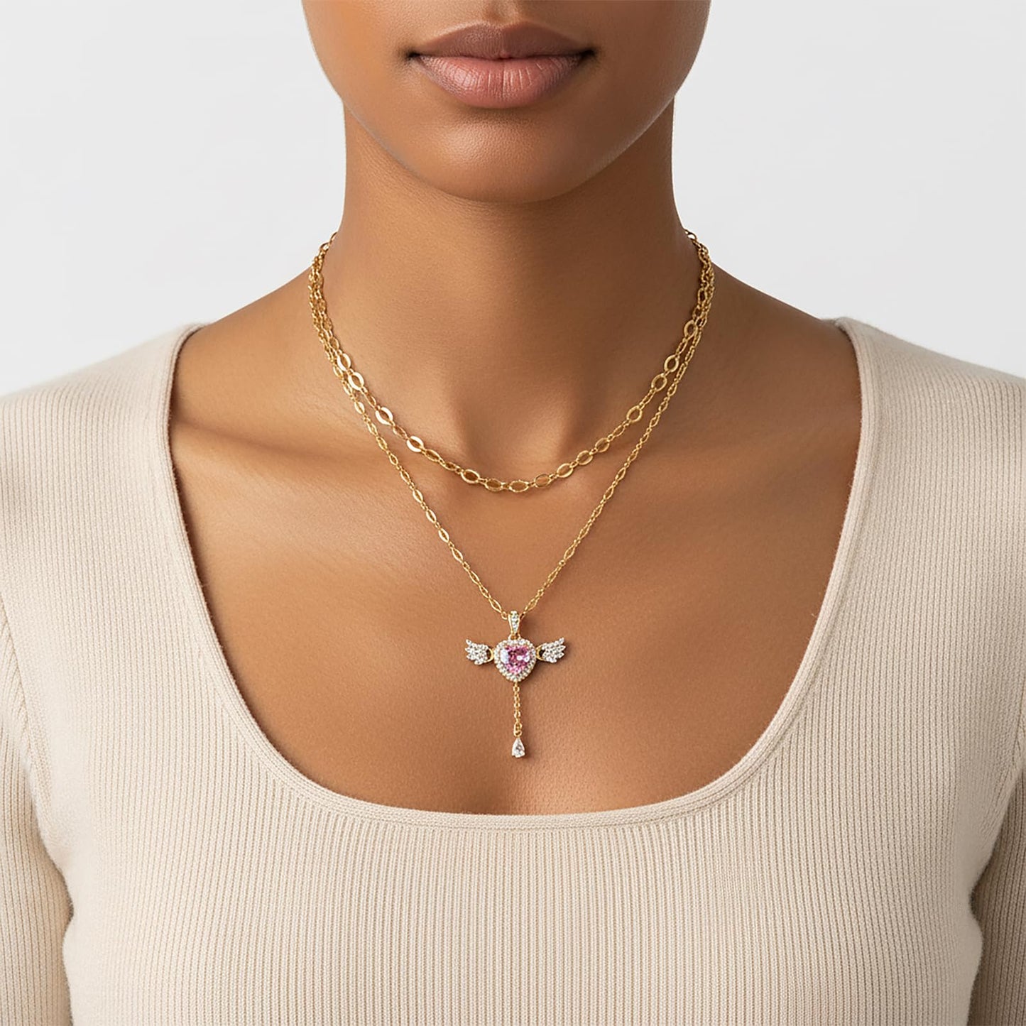 MEIITRUE Heart Necklace for Women Trendy,14k Gold Plated Dainty Layered Necklaces Set Cubic Zirconia Love Drop Pendant with Movable Wings Personalized Choker Chain Jewelry Gift Pink