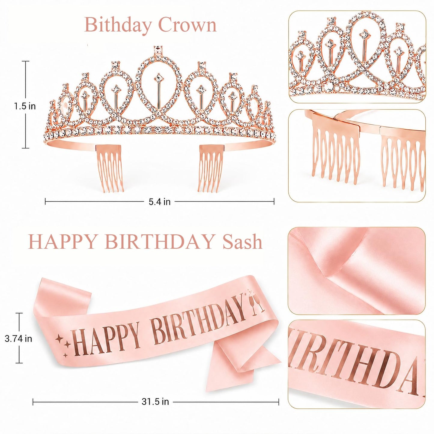 Black Rose Gold Birthday Decorations for Women Girls,Rose Gold Latex Balloons with Happy Birthday Banner,Fringe Curtain,Cake Topper,Sash and Crown for Birthday Party Supplies